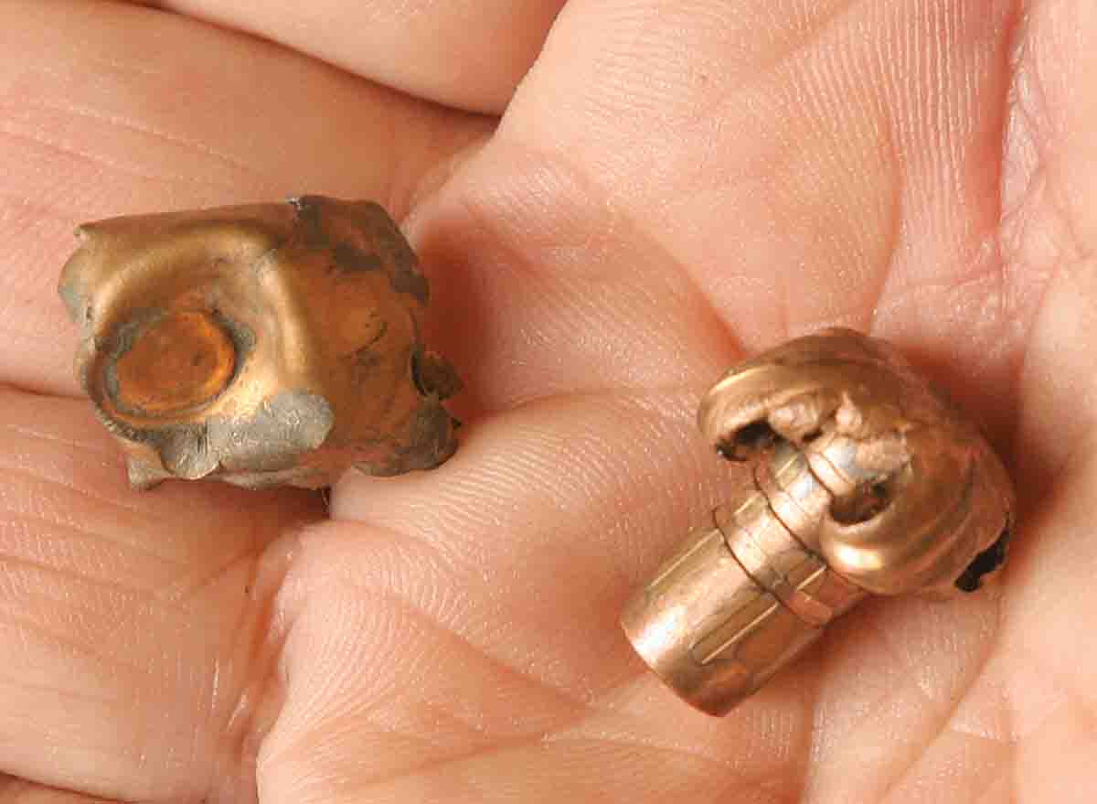 These .30-caliber bullets were recovered from mule deer bucks. The “traditional” bullet (left) did not make it through the ribs on a broadside shot. The Barnes TSX (right) entered the flank of a big buck angling almost directly away and was found under the hide on the front of the chest.